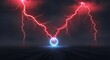 © Phil Design - Dynamic red lightning bolts pierce through ominous storm clouds, converging on a luminous blue energy orb, symbolizing a powerful electrical phenomenon or futuristic energy source