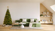 © LEKSTOCK 3D - Modern living room interior with green velvet sofa and decorated Christmas tree,wooden cabinet and wood floor, 3D rendering.