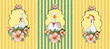 © _Julia_red - Set of three vintage postcards with geese framed by floral ribbons on striped pastel backgrounds. Each composition features soft flowers, flowing edges and gentle colors suitable for greeting designs.