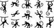 © Masuduzzaman - Monkey silhouette collection, playful primate poses, hanging and running monkeys, cartoon-style vector, black monkey illustrations, jungle animal movement for stock content