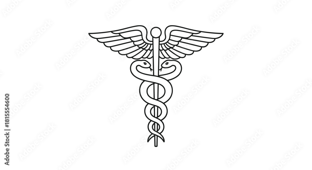 Black and white line art of the Caduceus medical symbol, featuring two ...