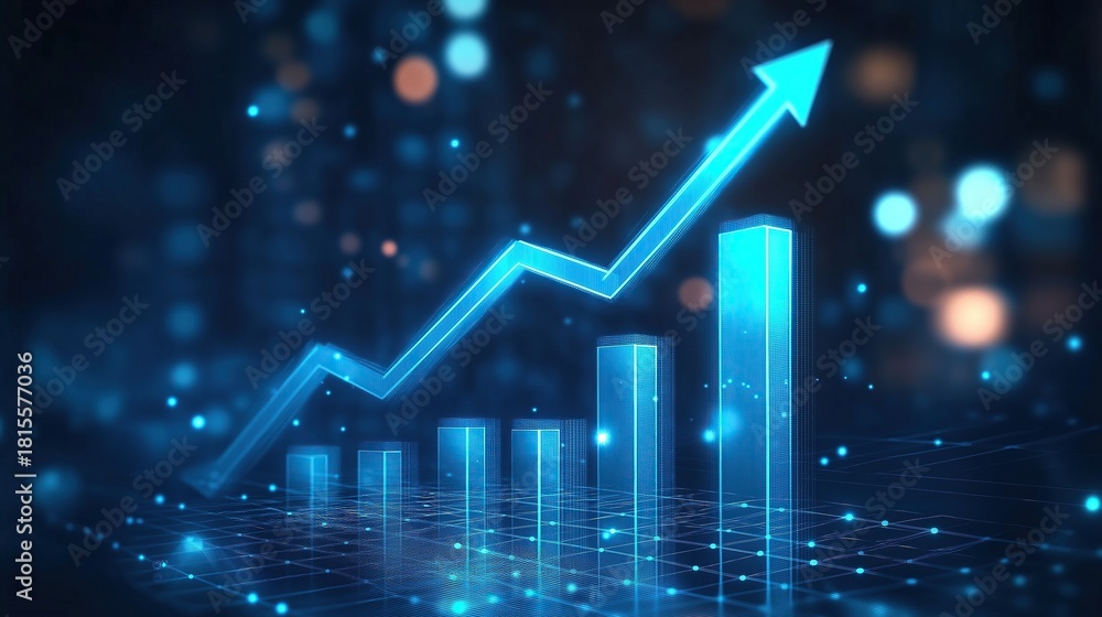 A glowing blue arrow pointing upwards on an abstract bar graph ...