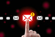 © ShazilStock - Finger touching an email icon with an exclamation point representing a spam or urgent message on a black background