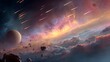 © sungedi - Brilliant celestial phenomena illuminate a dramatic cosmic landscape featuring a large planetary body and numerous meteors.