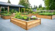 © mashimara - Serene Backyard Garden: A tranquil outdoor scene featuring well-maintained raised garden beds filled with thriving vegetables, set against the backdrop of a modern house.