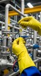 © MdNazim - Yellow gloved hands holding vial with yellow liquid industrial setting