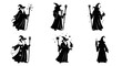 © Melin - Six black silhouette illustrations of fantasy wizards with staffs and pointed hats, casting magic.
