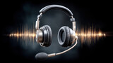 Premium over ear headset with boom microphone and glowing audio waveform, modern studio feel