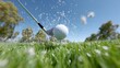 © pkproject - Close up dynamic view of a golf ball being hit by a club on a vibrant green golf course under a clear blue sky with motion blur and airborne grass