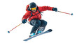 © MUHAMMAD - Man in red jacket skiing with poles isolated on black background on transparent background