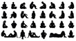 © Shahariay - Set of sitting and lying people silhouettes, collection of men and women resting in various ground poses, concept for meditation, relaxation, architectural scale figures, people& white