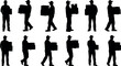 © Masud World - Set of delivery man silhouettes carrying boxes, courier holding package, black vector illustration collection, mover service worker, isolated on white background.