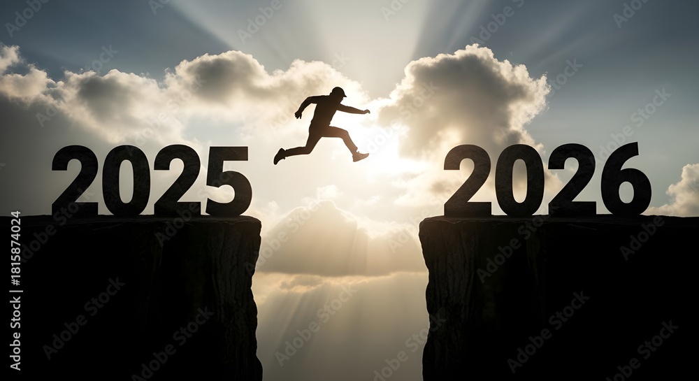 Happy New Year 2026 Concept: Man Jumping from 2025 to 2026 Cliff ...