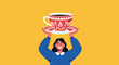 © MD - Cheerful woman with a bright smile wearing a blue sweater holds a large red patterned teacup and saucer above her head.