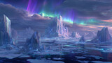 Enchanting aurora borealis over frozen landscape of ice formations, vibrant colors painting the sky with ethereal beauty, perfect for fantasy or adventure themes