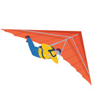 Orange Hang Glider Pilot Soaring Against White Background With Blue Sky Elements and Safety Harness