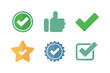 © RA Studio - Approval status icons, green checkmarks, like thumbs, yellow star, quality badge seal, tick square, modern interface vector