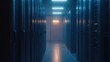 © CYBERPINK - Long corridor in a data center. the corridor is lined with rows of servers on both sides, each with a blue light shining through them.