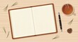 © Nguyen Tuan - Top view of open notebook with blank lined pages fountain pen and hot tea cup on wooden desk winter flat lay