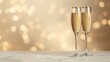 © tsinik - Close-up of two elegant crystal champagne glasses with gold rims filled with sparkling wine. Warm blurred bokeh lights in the background. Concept of celebration and toast.
