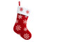 © Designer - Red christmas stocking with white snowflakes hanging against a on transparent background