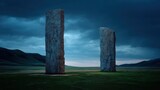 Two ancient monoliths standing in a vast green field under a dramatic twilight sky. Mysterious stone pillars on an empty landscape for history.