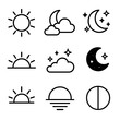 © Crank - Day and Night Icons. Day and night concept linear icon set: sun, moon, clouds, stars, sunrise, sunset, night sky, half-day circle