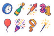© Crank - Countdown Celebration Icons. Final Countdown Pack flat icon set: analog clock at midnight, champagne pop, fireworks trail, 3-2-1 digits, balloon, confetti burst, ribbon curl