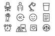 © Crank - Scholar Wellness Icons. Scholar Wellness Tools linear icon set: ergonomic chair, posture icon, reading lamp, water glass, stretching figure, breathing loop, mood tracker, goal