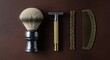 © Mr. Stocker - Elegant masculine grooming essentials featuring a traditional shaving brush, a classic safety razor, and a vintage style comb laid out on a rich brown textured background