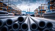 © Newleks - Large black plastic pipes organized in industrial outdoor storage yard, showcasing materials for construction, plumbing, manufacturing, and infrastructure projects under a cloudy sky