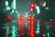 © lemonmoon - Defocused flooded street with glowing reflections surreal rainy night neon city lights wet asphalt urban atmosphere moody vibrant colors blurred cars dramatic scene