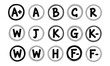 © designsMHR - Rough hand drawn doodle style alphabet letters and academic grades in circular frames on a clean white background