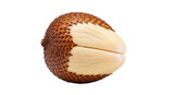 A partially peeled salak fruit reveals its segmented, creamy flesh against a dark, clean background.