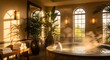 © natalia - Serene Indoor Spa Jacuzzi with Steaming Water and Sunset Glow.