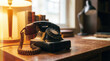 © yang - landline. Vintage rotary telephone on a wooden desk, bathed in warm ambient light with a softly blurred background. product launch decks.