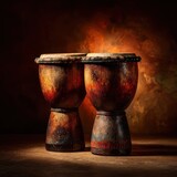 Close up of two african djembe drums with textured brown and red surfaces. Warm golden light illuminates the drums against a dark, smoky background.