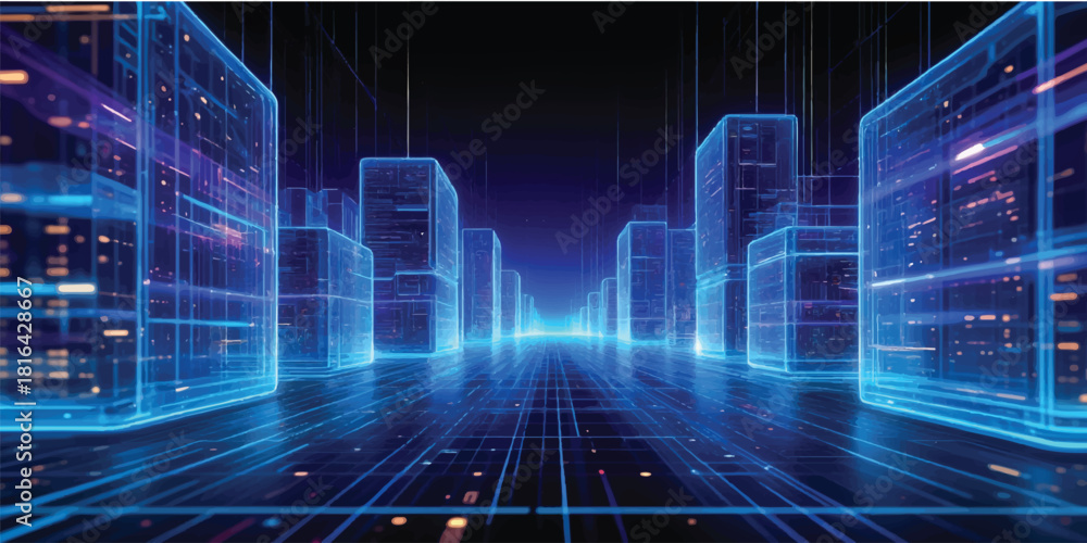 Digital technology data stream as a wave of binary code on a blue ...