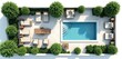 © Pete - Top view of modern terrace design featuring pool green bushes outdoor furniture. Lounge area with sunbeds tables and chairs. Stylish residential garden layout with contemporary design elements.