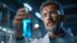 © Yuliia - Mature male scientist with gray beard examining blue liquid in test tube, wearing protective glasses in modern laboratory environment.