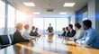 © Fa_art - Business people have meeting in modern office boardroom with leader giving presentation and sitting around long table with panoramic city view