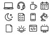 © King558 - Freelance Overtime Icons. Freelance Overtime linear icon set: laptop, headphone, coffee cup, calendar, moon, checklist, smartphone, desk lamp, paper sheet, sunrise, coding window