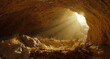 © Anna - An empty manger in a rustic cave with golden light streaming in. Christmas native scene representing the birth of Jesus Christ and the Christian story of faith