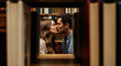 © ArtFocus Studio - Romantic couple kissing intimately framed by bookshelves, capturing a tender moment of connection and affection, ideal .Concept for Love and Valentines Day celebration.
