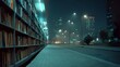 © Yuliia - Quiet urban library with bookshelves alongside empty street at night, illuminated by city lights and skyscrapers in foggy atmosphere.