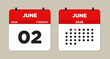 © Neo GT - June 2 2026 (Tuesday) Calendar Vector Illustration. Day calendar page with date June 02. Week Starts on Sunday. Modern Flat Calendar template icon. Checklist day calendar.