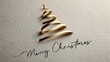 © Yuliia - Minimalist Christmas card with elegant gold ribbon forming a tree shape above stylish handwritten 'Merry Christmas' calligraphy on textured white paper.