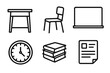 © kamila - Stylized Classroom Icons. Classroom Set linear icon set: desk, chair, whiteboard, clock, stack of books, lesson sheet