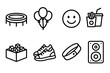 © kamila - Family Fun Icons. Family Fun Park linear icon set. trampoline, balloons, happy face, snack, foam pit, shoes, wristband, speaker