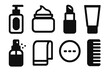 © kamila - Bold Skincare Icons. Minimalist Routine silhouette icon set. cleanser, moisturizer, lip balm, sunscreen, face mist, towel, cotton pad, comb